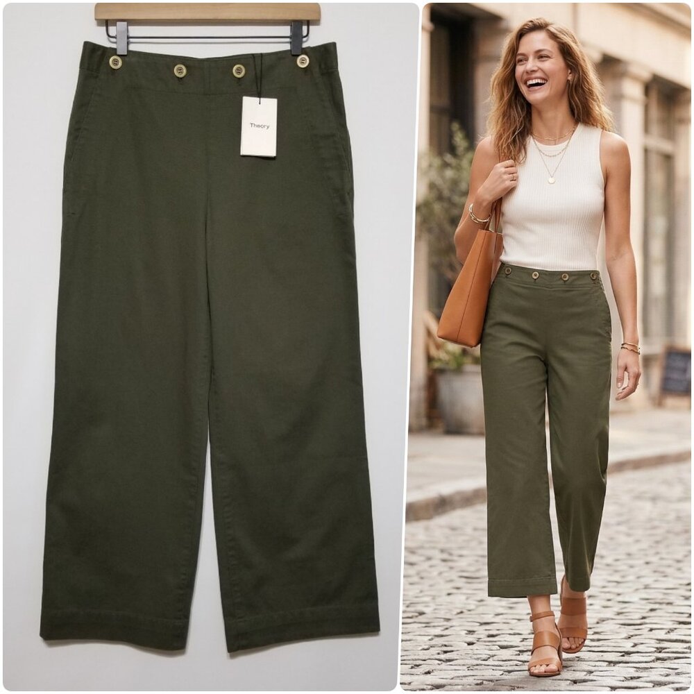 ⚓️ NWT Theory Namid Wide Leg Sailor Pants Myrtle Green Size 8 $285 ⚓️